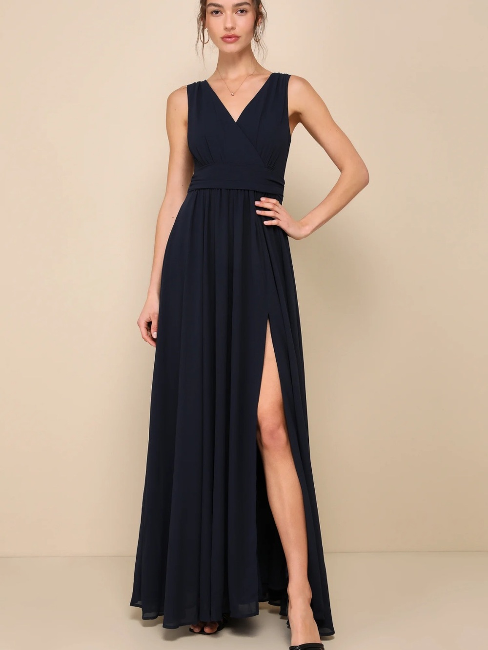 Lulu's Navy V-Neck Sleeveless Maxi Dress with High Side Slit
